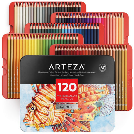 ARTEZA Watercolor Colored Pencils for Adult Coloring, Set of 120 Colored Pencils, Art Drawing Pencils in Bright Assorted Shades, Art Supplies for Blending, Layering, and Watercolor Techniques